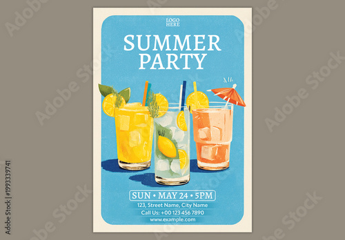Editable Summer Party Flyer Template Design with Tropical Cocktails on Blue Background for Beach Club Event Promotion.