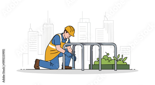 Construction worker installing a metal bicycle rack in an urban park