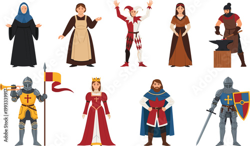 Medieval Characters Set Featuring Nun Jester Blacksmith Knight King Queen and Noble Figures for Historical and Fantasy Illustration Design.