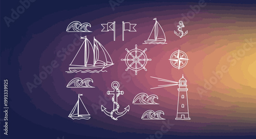 Nautical icons, sailing symbols, vector graphics, marine signs, navigation elements