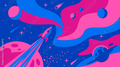 Vibrant illustration of a rocket soaring through a colorful galaxy with planets.
