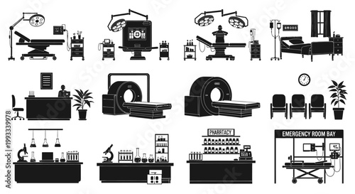 Medical Clinic and Laboratory Interior Scenes - Vector Icons Set