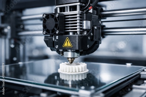 Close-up of 3D printer creating white gear on platform in high detail.. Ai generative
