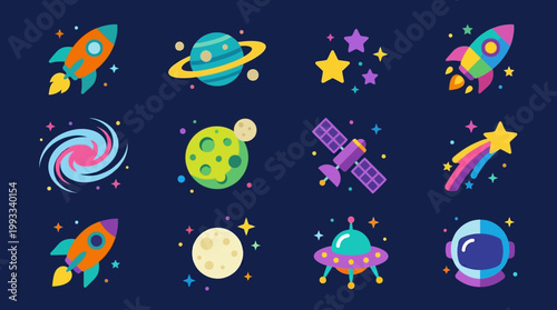 Colorful space icons with planets and rockets.