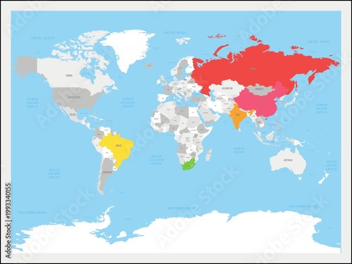 Fotografi World map highlighting major countries in bold colors including Russia, China, India, Brazil, and South Africa, representing emerging economies and global markets on a clean geographic layout
