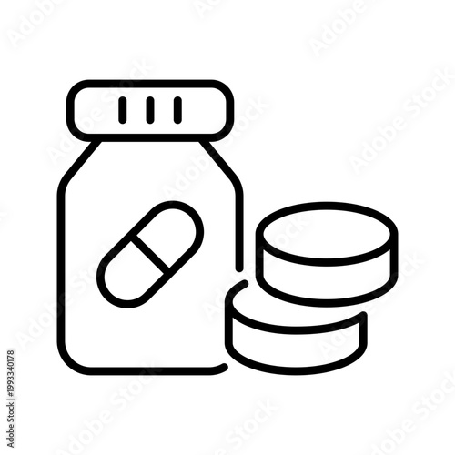 Medicine bottle icon. Healthcare and pharmacy line symbol. Black and white.