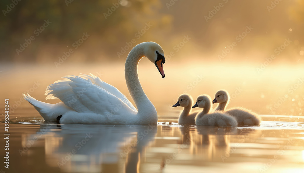 Fototapeta premium Adult swan swims with cygnets on calm water. Tender family moment near lake shore. Gentle birds float in soft golden sunrise light. Peaceful wildlife scene.