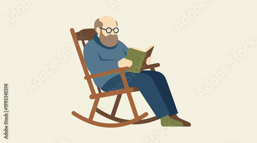 Man sitting in rocking chair reading book.