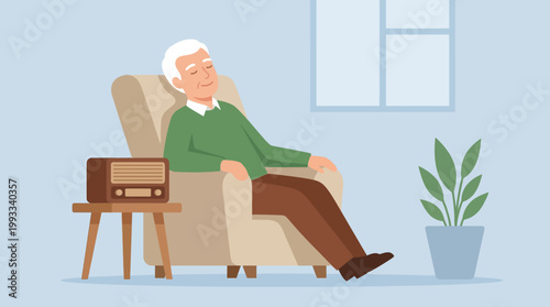 Elderly man relaxing in armchair at home.