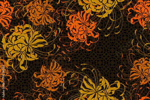 Seamless vector pattern with red spider lily higanbana on black background. Japanese inspired floral ornament with flowing lines and dramatic contrast