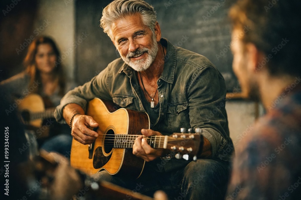 Fototapeta premium Smiling mature man playing acoustic guitar for friends indoors, casual jam session and community gathering in warm light.