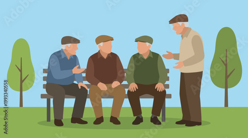 Four elderly men chatting on park bench.