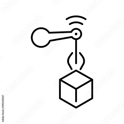 Robot arm icon. Industry and industrial robotics line symbol. Black and white.