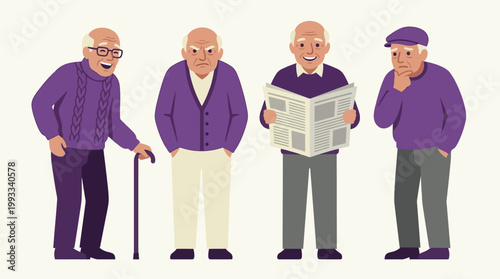 Four senior men in purple clothing standing together.