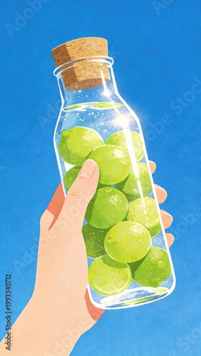 Hand holding bottle with lime slices