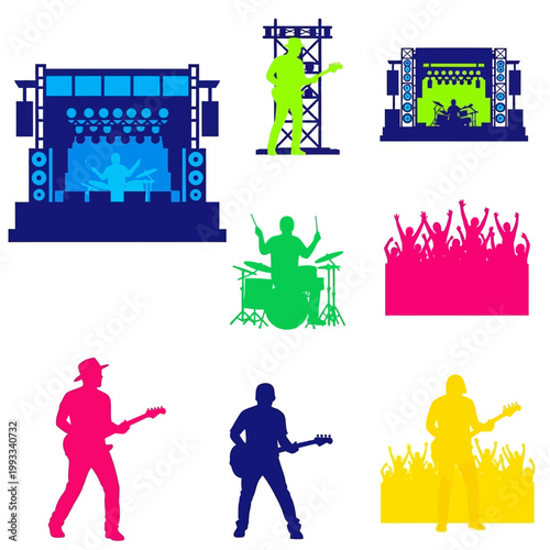 Live Music Concert Silhouettes: Stage, Musicians, Crowd, Performance