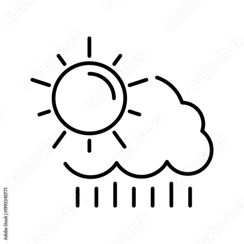 Sun cloud rain icon. Science and meteorology line symbol. Black and white.