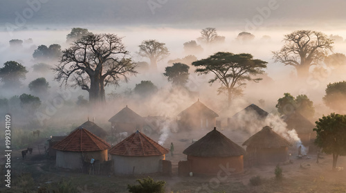 Traditional African Huts Emerge from Morning Mist in Rural Landscape.