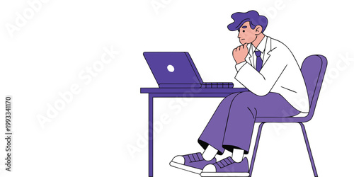A professional businesswoman or doctor sitting at a desk in an office typing on a laptop computer notebook, illustrated as a vector cartoon character focused on medical technology work.