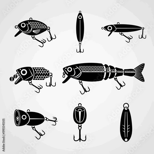 Collection of Fishing Lures Icons: Bass, Minnow, Spoon, Spinner, Jerkbait, Crankbait