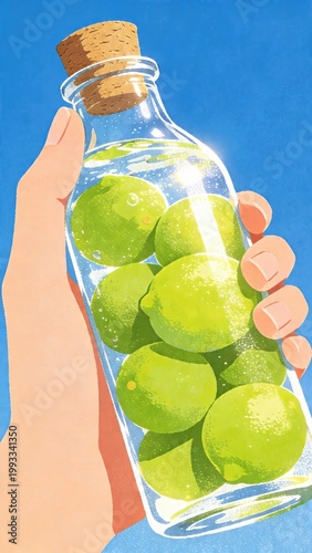 Hand holding bottle with limes