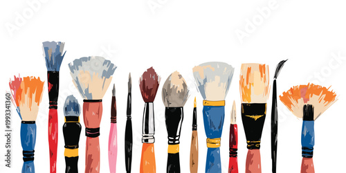 A closeup of an artistic set featuring an acrylic paintbrush and colorful brushes with fine bristles, essential tools for a creative painter to craft a masterpiece.