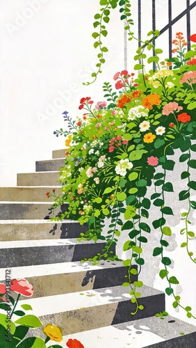 Staircase with colorful flowers and greenery