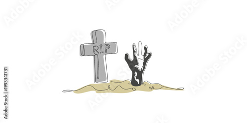 A cartoon graveyard scene with a rip cross and zombie hand rising from the dirt
