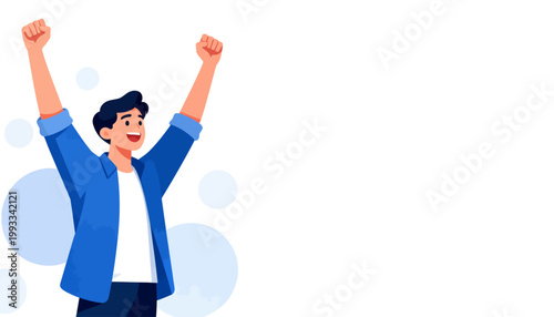 Man celebrates with raised fists, smiling broadly
