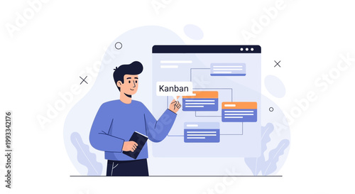 Man pointing at Kanban board on screen, project management concept