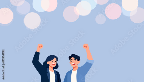 Two joyful people raise arms in celebration