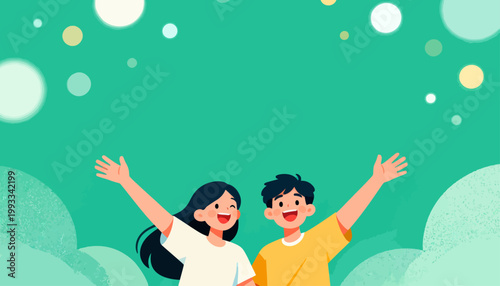 Two joyful figures raise arms against a soft green sky