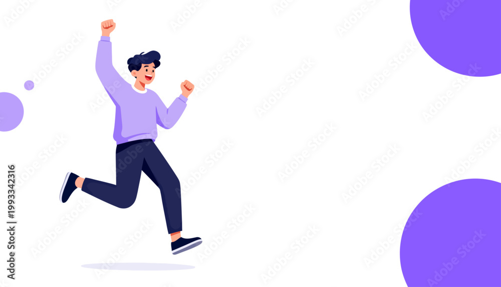 Fototapeta premium Man leaps joyfully, arms raised high