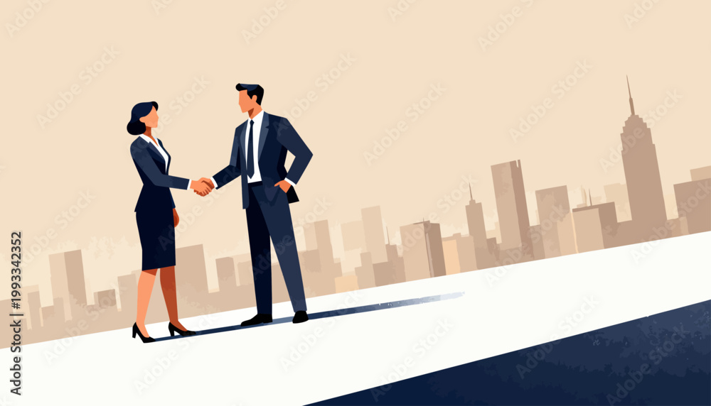 Fototapeta premium Two professionals shake hands on a cityscape