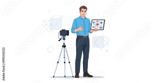 Man Presenting Business Strategy on Tablet with Camera and Tripod