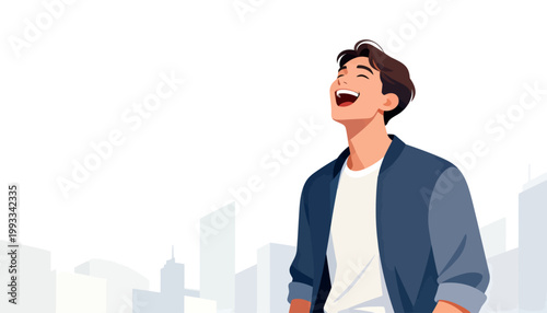 Man laughs joyfully, eyes closed, head tilted back