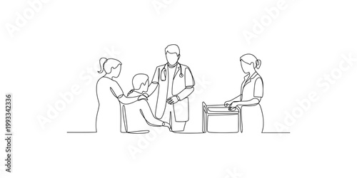 Medical team attending to a patient in a clinical setting with doctor nurse and caregiver