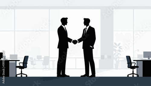 Two businessmen shake hands in a modern office space