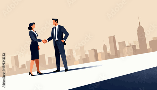 Two professionals shake hands on a cityscape