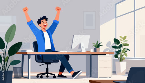 Man cheers joyfully at modern office desk