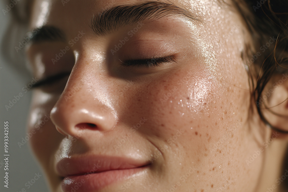 Fototapeta premium Glossy hydrated skin close up natural freckled face with soft reflections serene expression