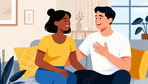 Warm indoor setting with two smiling people