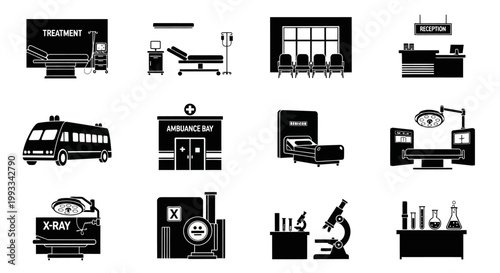 Medical Icons Set: Hospital, Ambulance, X-ray, Lab, Surgery, Reception