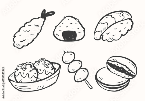 Japanese food hand drawn illustration set. Traditional Asian cuisine doodle vector collection. Japan culinary cartoon icon design. Line art of Tempura, Nigiri, Takoyaki, Dango, Onigiri, Dorayaki.