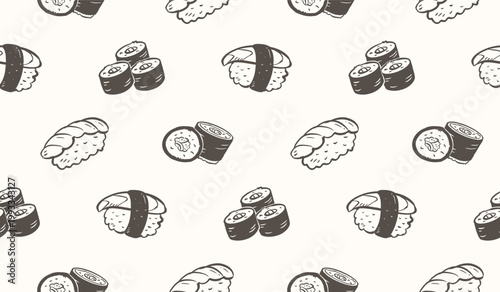 Sushi rolls doodle background. Japanese food pattern background. Cute Asian culinary seamless pattern for kids. Japan cuisine hand drawn pattern with Sushi, Maki, Nigiri.