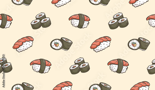Sushi rolls doodle background. Japanese food pattern background. Cute Asian culinary seamless pattern for kids. Japan cuisine hand drawn pattern with Sushi, Maki, Nigiri.