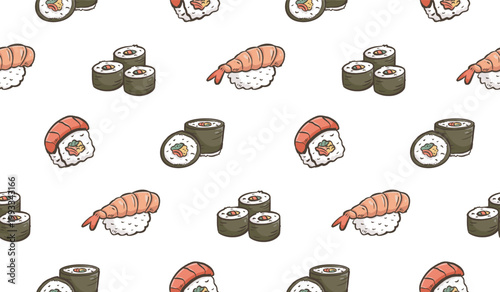 Sushi rolls doodle background. Japanese food pattern background. Cute Asian culinary seamless pattern for kids. Japan cuisine hand drawn pattern with Sushi, Maki, Nigiri.