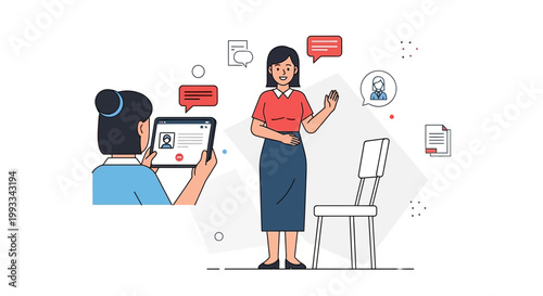 Online job interview via video call, remote recruitment, virtual meeting, business communication