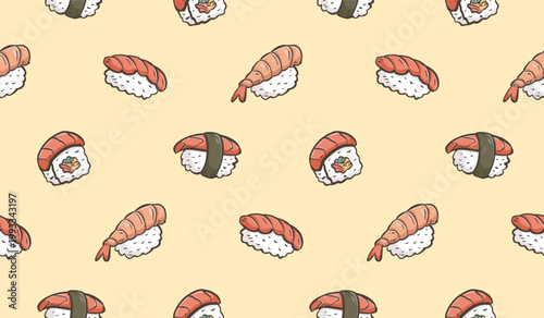 Sushi rolls doodle background. Japanese food pattern background. Cute Asian culinary seamless pattern for kids. Japan cuisine hand drawn pattern with Sushi, Maki, Nigiri.