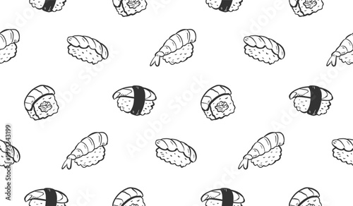 Sushi rolls doodle background. Japanese food pattern background. Cute Asian culinary seamless pattern for kids. Japan cuisine hand drawn pattern with Sushi, Maki, Nigiri.